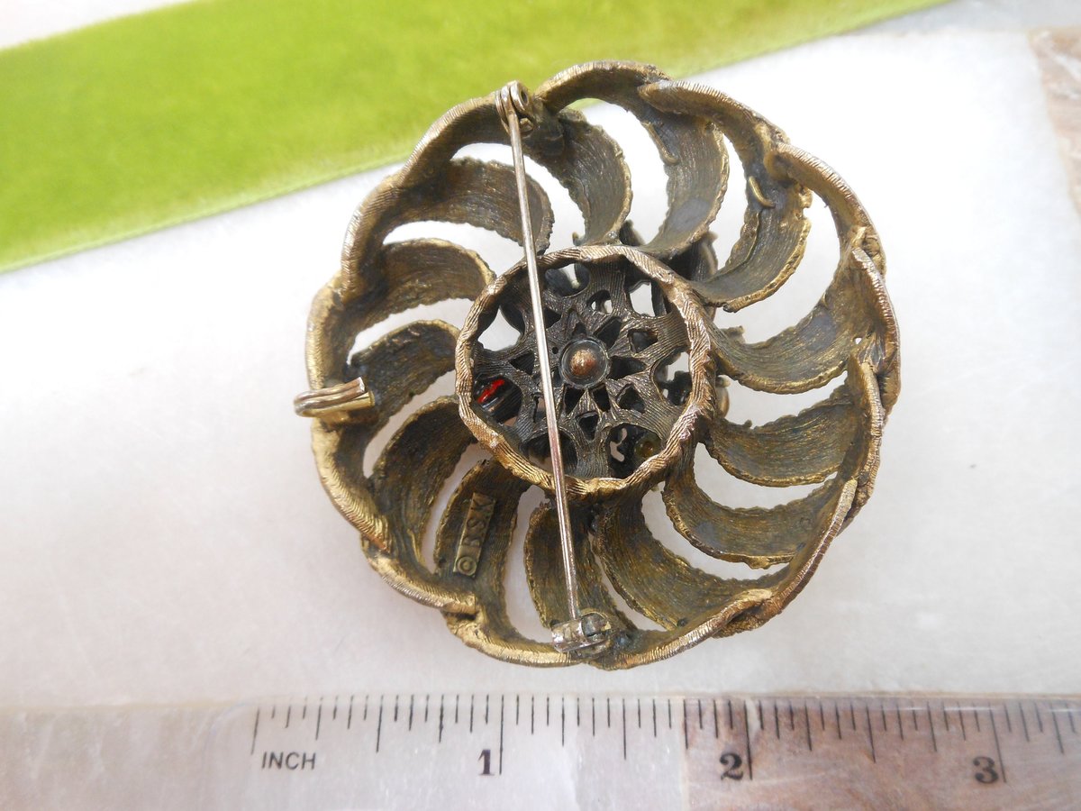 Vintage Big BSK Designer Brooch Red Rhinestone Flower Pin Pendant Pinwheel Chunky Brutalist Jewelry Mid Century, VivianJoel.com