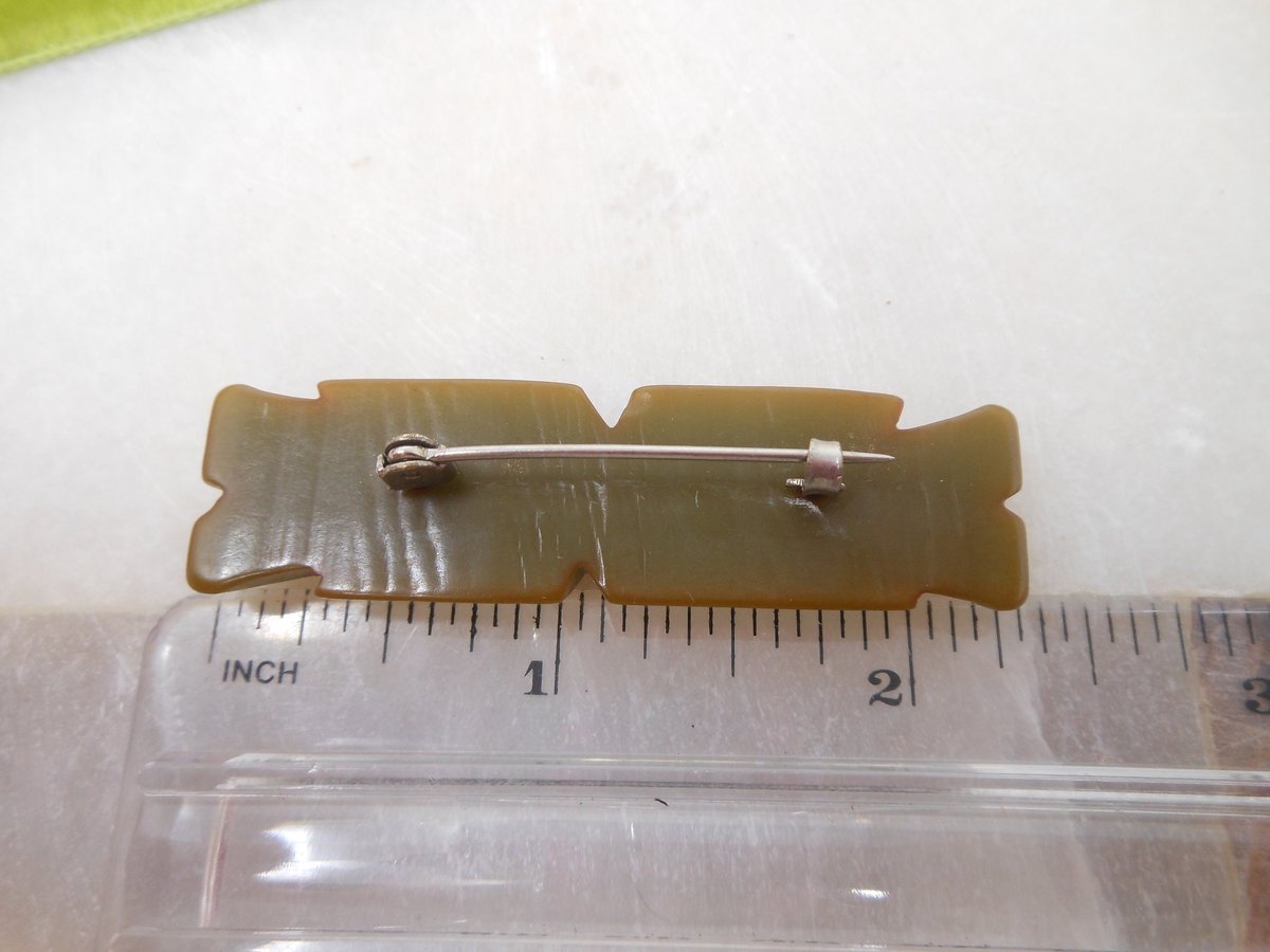 Vintage BAKELITE Carved Brooch Art Deco Bar Pin Green Tested Old Plastic Jewelry Mid Century Gift, VivianJoel.com