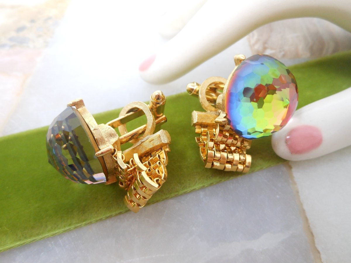 Vintage DANTE Watermelon Crystal Rainbow Rivoli Cufflinks Cuff Link Groom Best Man Mid Century Jewelry Gift,  VivianJoel.com