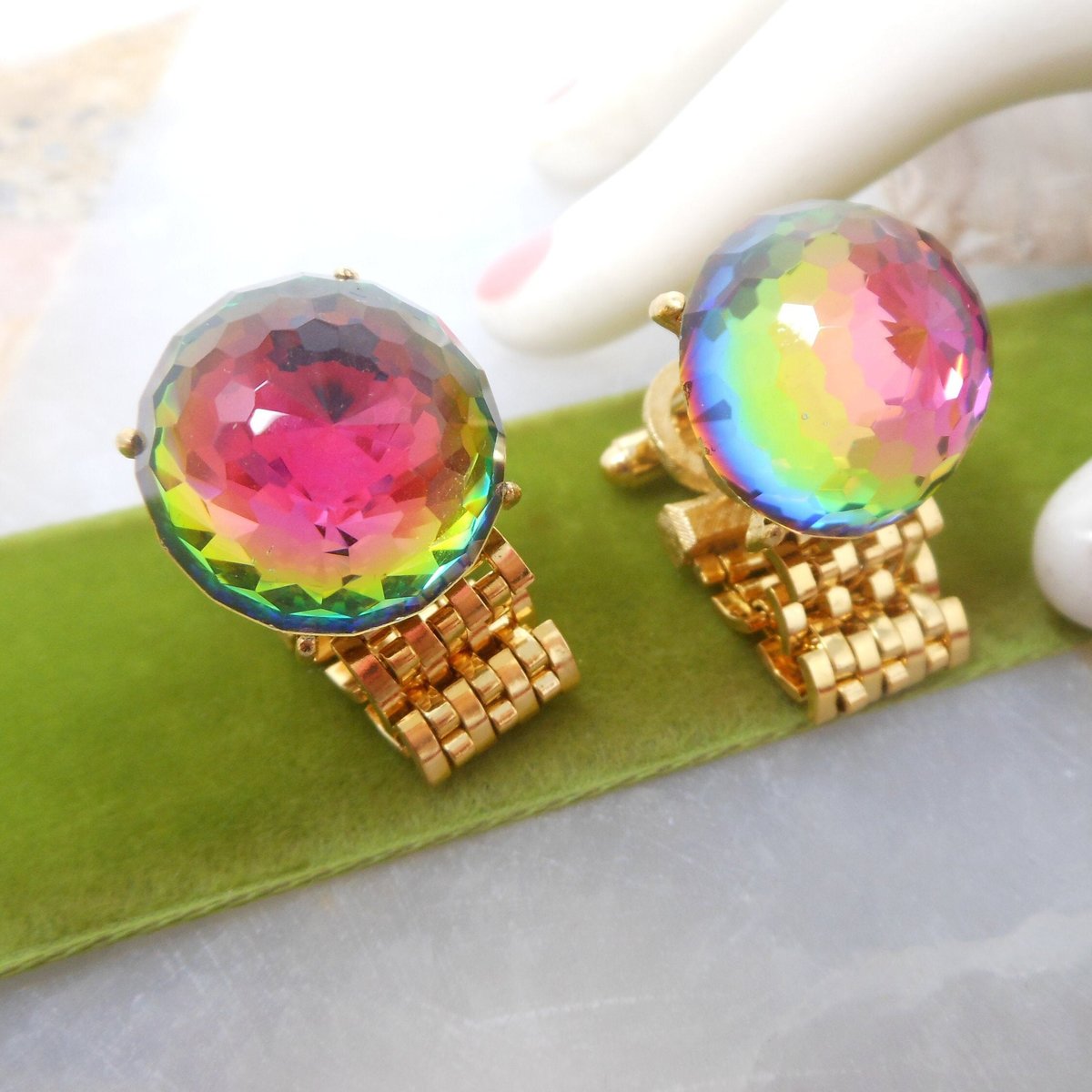 Vintage DANTE Watermelon Crystal Rainbow Rivoli Cufflinks Cuff Link Groom Best Man Mid Century Jewelry Gift,  VivianJoel.com