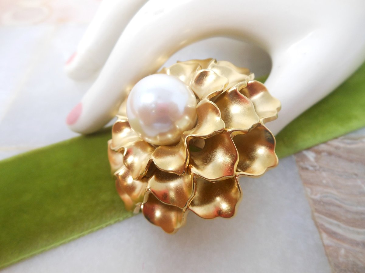 Vintage MONET Brooch Domed Flower Pin Faux Pearl Chunky Statement Designer Mid Century Classic Jewelry Gift, VivianJoel.com
