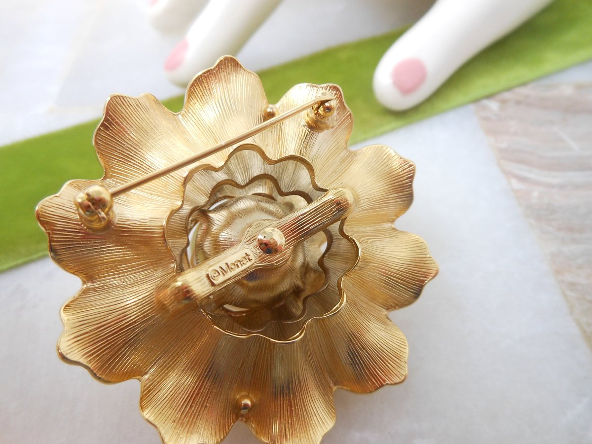 Vintage MONET Brooch Domed Flower Pin Faux Pearl Chunky Statement Designer Mid Century Classic Jewelry Gift, VivianJoel.com