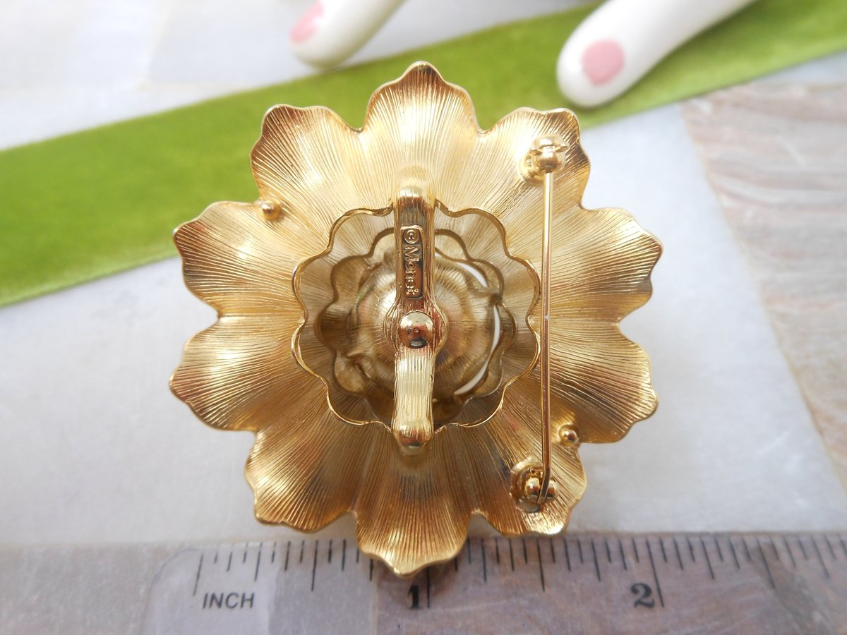 Vintage MONET Brooch Domed Flower Pin Faux Pearl Chunky Statement Designer Mid Century Classic Jewelry Gift, VivianJoel.com