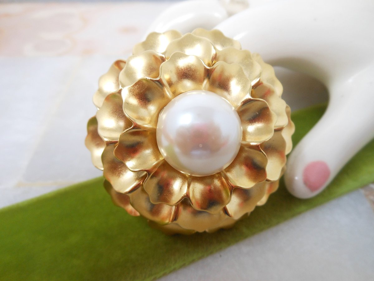Vintage MONET Brooch Domed Flower Pin Faux Pearl Chunky Statement Designer Mid Century Classic Jewelry Gift, VivianJoel.com