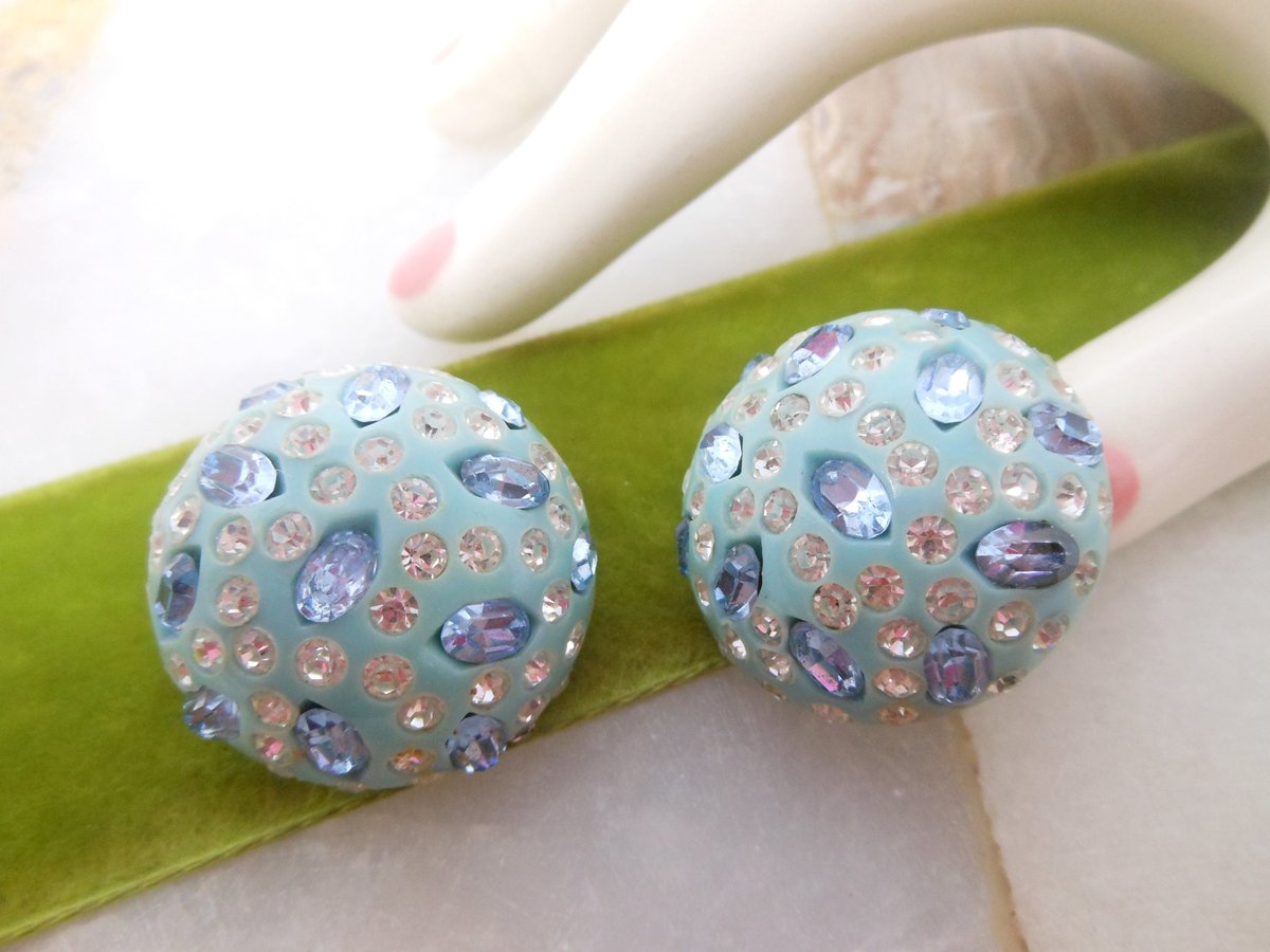 Vintage WEISS Rhinestone Earrings Aqua Plastic Lucite Chunky Designer Turquoise Mid Century Jewelry Gift, VivianJoel.com