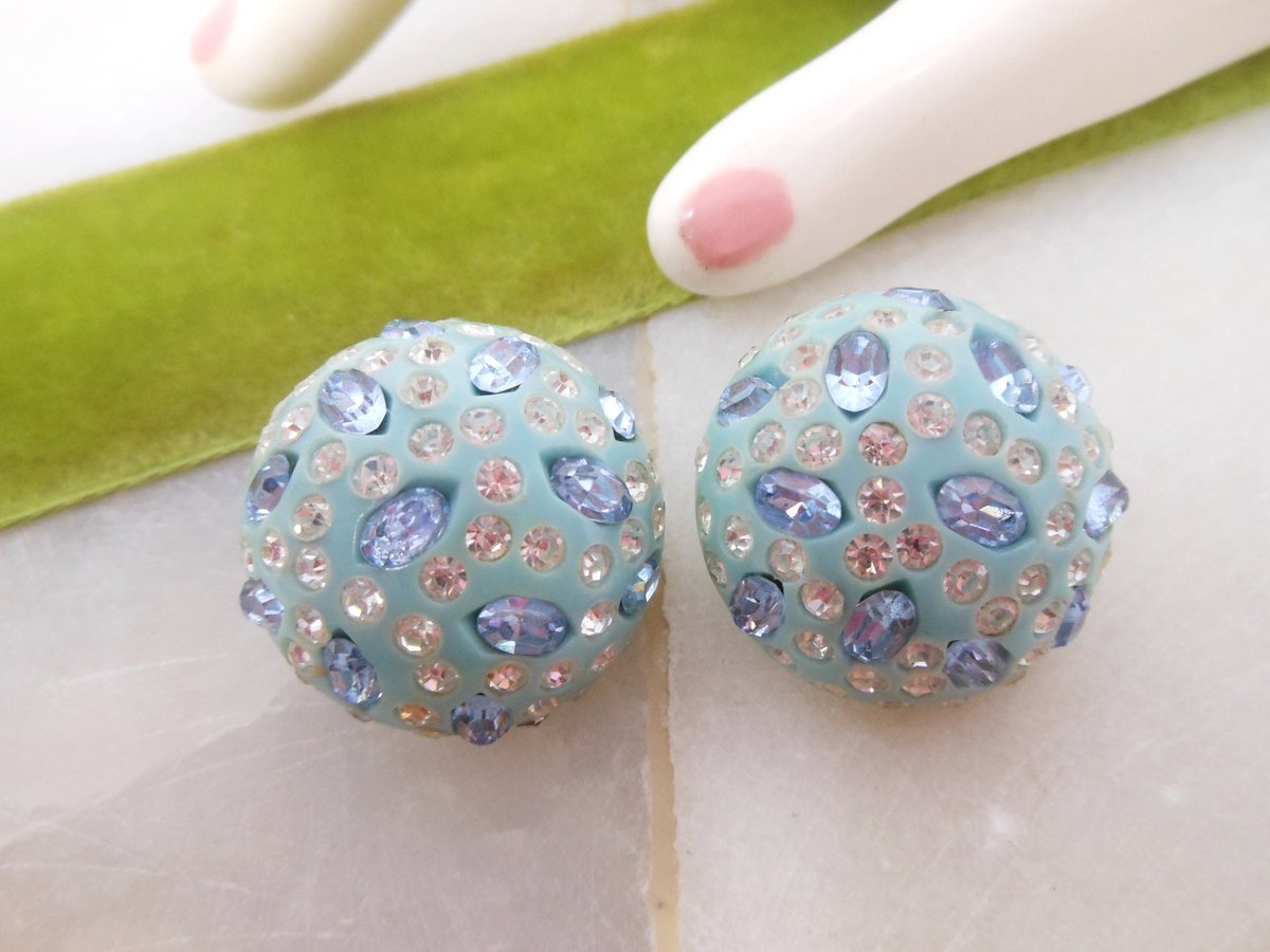 Vintage WEISS Rhinestone Earrings Aqua Plastic Lucite Chunky Designer Turquoise Mid Century Jewelry Gift, VivianJoel.com