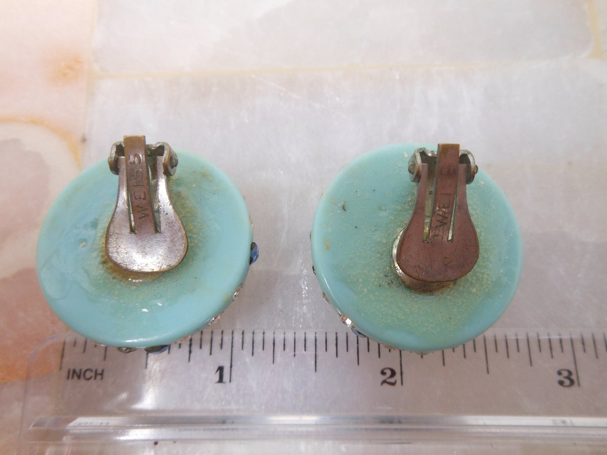 Vintage WEISS Rhinestone Earrings Aqua Plastic Lucite Chunky Designer Turquoise Mid Century Jewelry Gift, VivianJoel.com