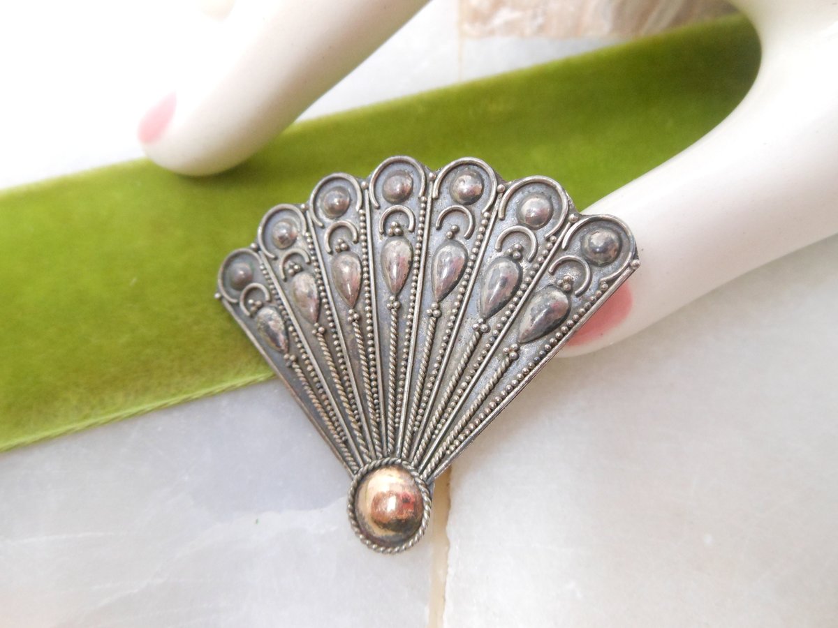 Vintage STERLING SILVER Fan Pin Brooch 925 Figural Mid Century Art Deco Mid Century Jewelry Gift, VivianJoel.com