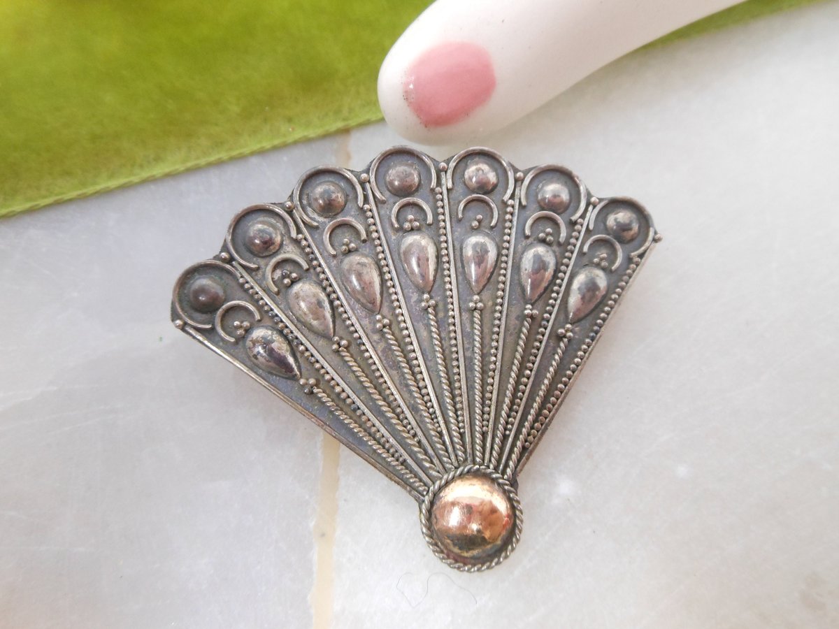 Vintage STERLING SILVER Fan Pin Brooch 925 Figural Mid Century Art Deco Mid Century Jewelry Gift, VivianJoel.com