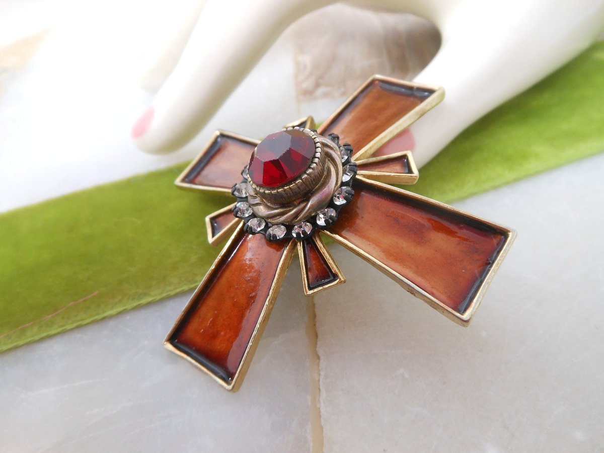 Vintage HAR Brooch Maltese Cross Pin Enamel Crystal Rhinestone Designer Runway Jewelry Gift Mid Century, VivianJoel.com