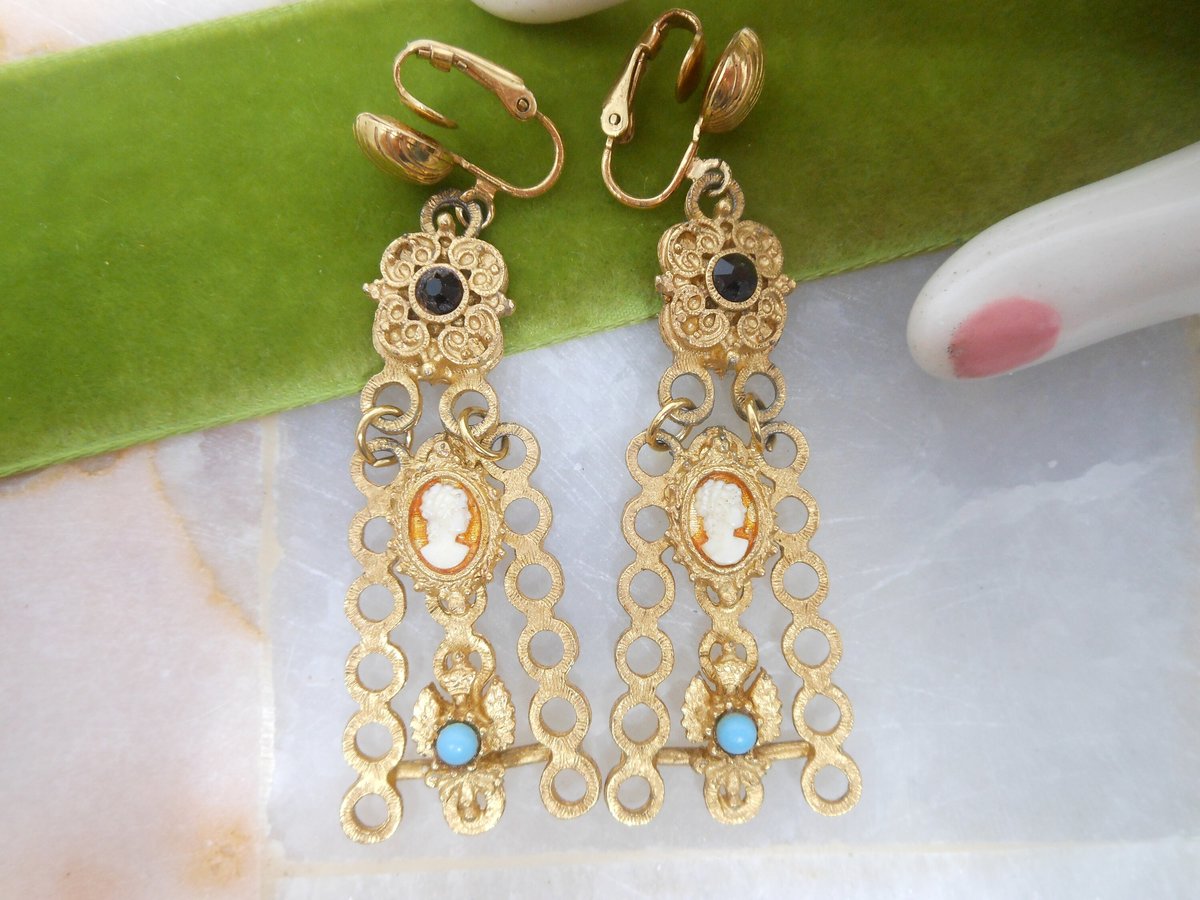 Vintage FLORENZA Cameo Earrings Long Dangle Drop Victorian Revival Chandelier Clip On Designer Mid CenturyJewelry Gift, VivianJoel.com