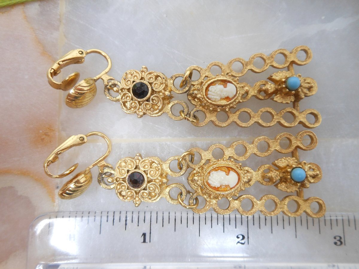 Vintage FLORENZA Cameo Earrings Long Dangle Drop Victorian Revival Chandelier Clip On Designer Mid CenturyJewelry Gift, VivianJoel.com