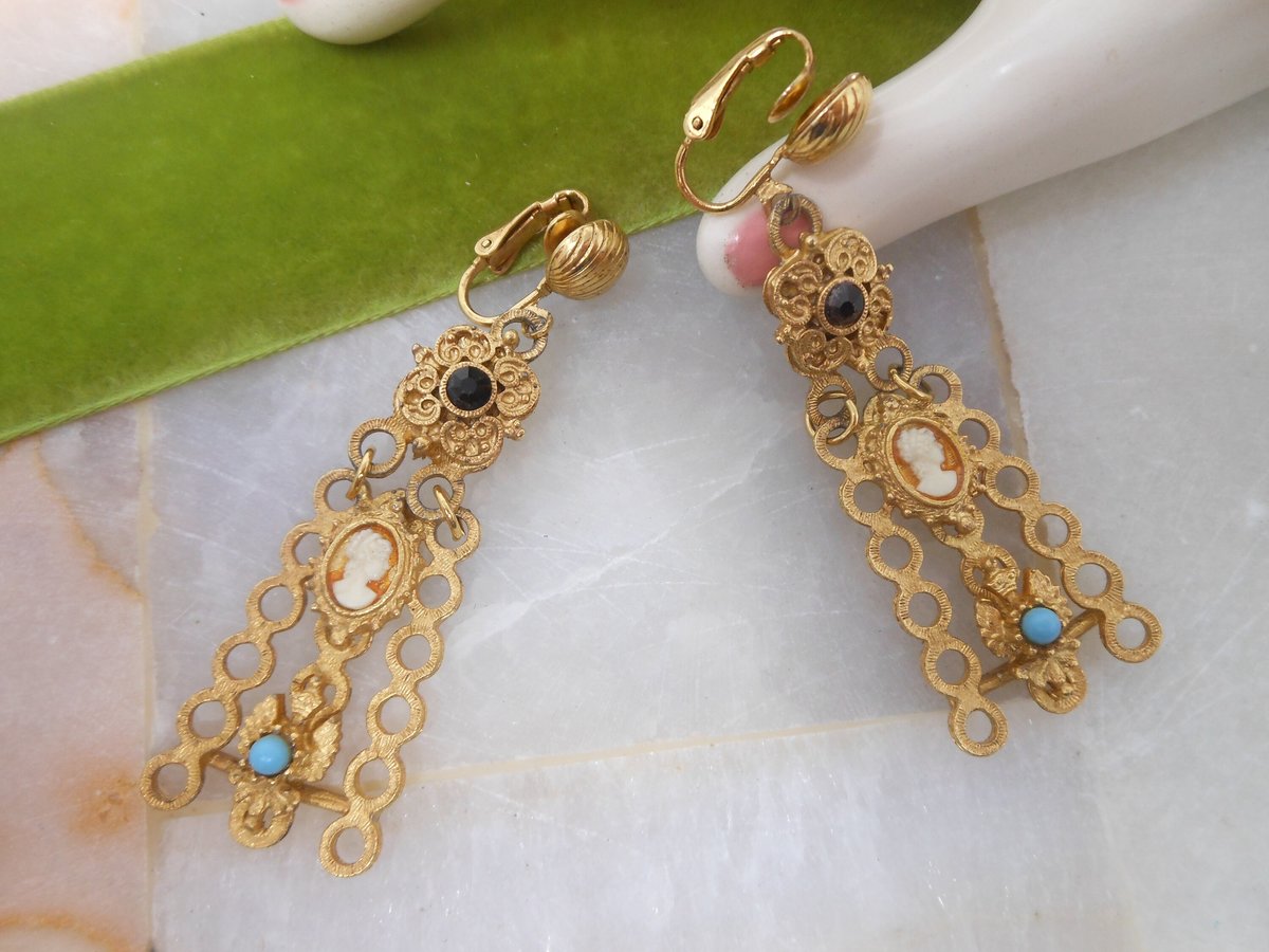 Vintage FLORENZA Cameo Earrings Long Dangle Drop Victorian Revival Chandelier Clip On Designer Mid CenturyJewelry Gift, VivianJoel.com