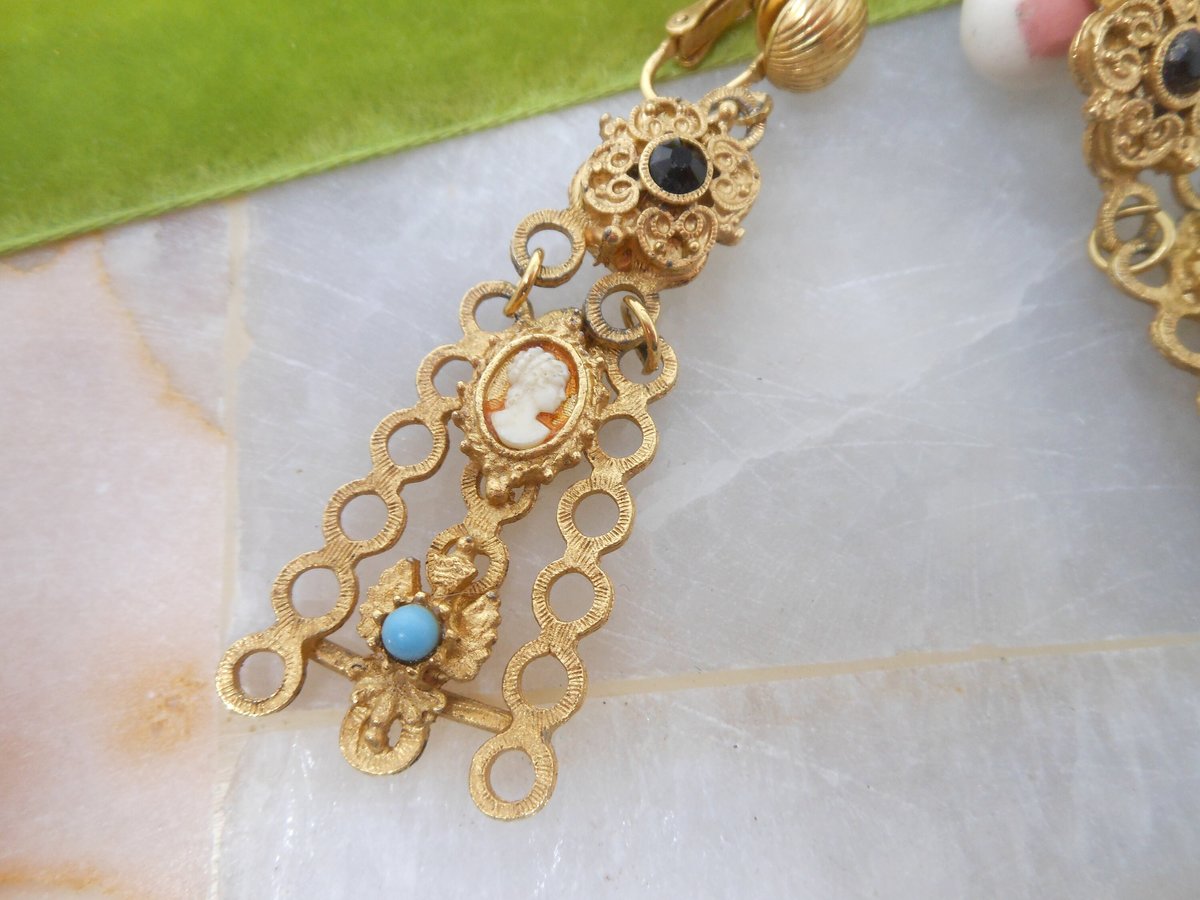 Vintage FLORENZA Cameo Earrings Long Dangle Drop Victorian Revival Chandelier Clip On Designer Mid CenturyJewelry Gift, VivianJoel.com