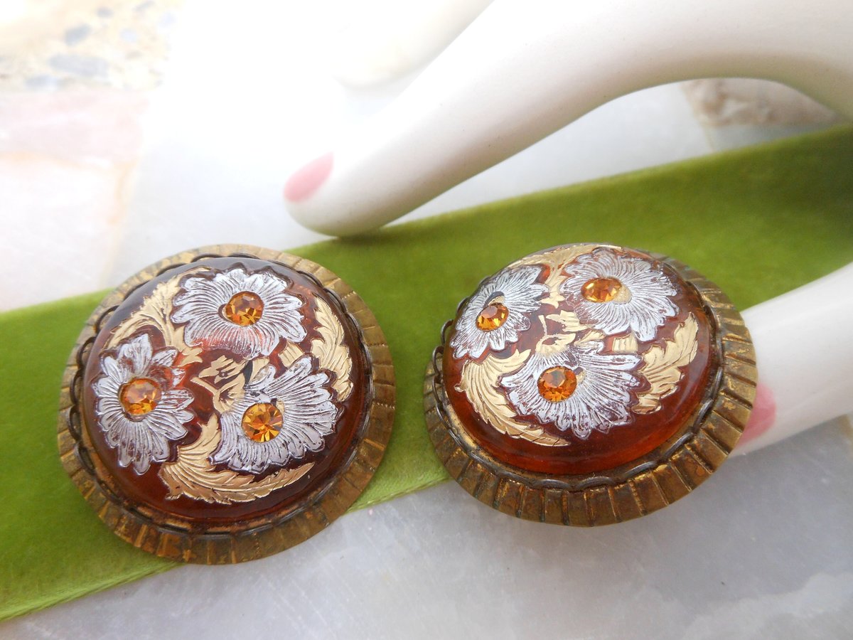 Vintage Glass Enamel Flower Earrings Clip On Rhinestone Chunky Unique Mid Century Jewelry Gift, VivianJoel.com