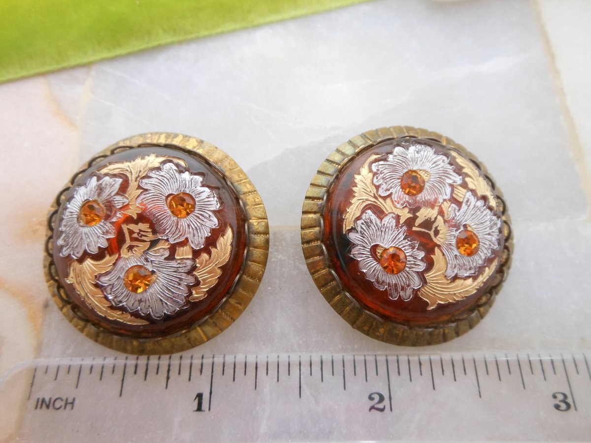 Vintage Glass Enamel Flower Earrings Clip On Rhinestone Chunky Unique Mid Century Jewelry Gift, VivianJoel.com