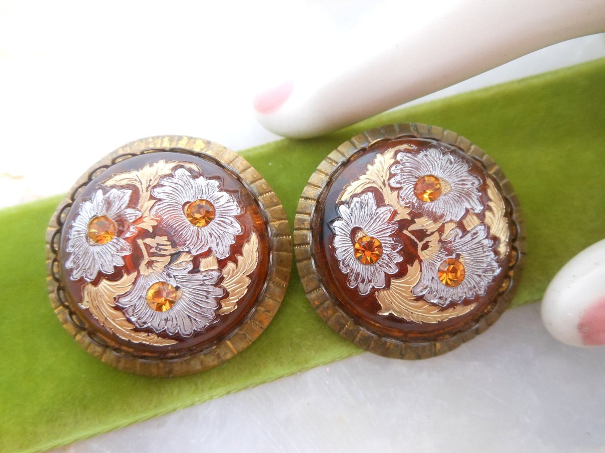 Vintage Glass Enamel Flower Earrings Clip On Rhinestone Chunky Unique Mid Century Jewelry Gift, VivianJoel.com