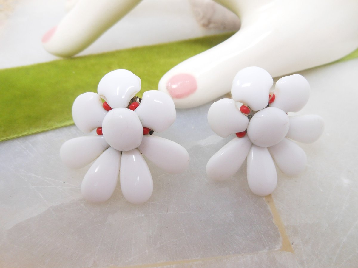 Vintage WEST GERMANY Milk Glass Earrings White Flower Clip On Wedding Bride Mod Jewelry Mid Century Gift, VivianJoel.com