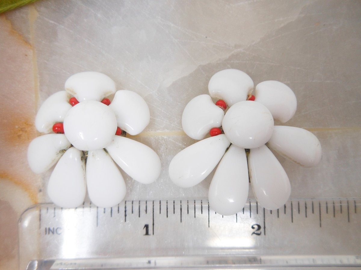 Vintage WEST GERMANY Milk Glass Earrings White Flower Clip On Wedding Bride Mod Jewelry Mid Century Gift, VivianJoel.com