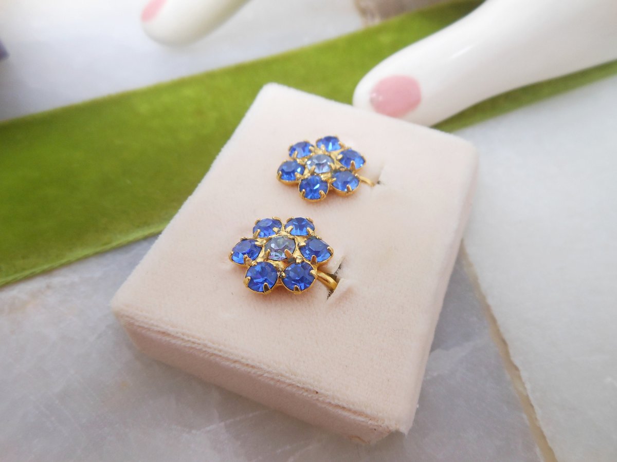 Vintage B DAVID Designer Blue Rhinestone Flower Earrings Clip On Forget Me Not Designer IOB Jewelry Mid Century Gift, VivianJoel.com