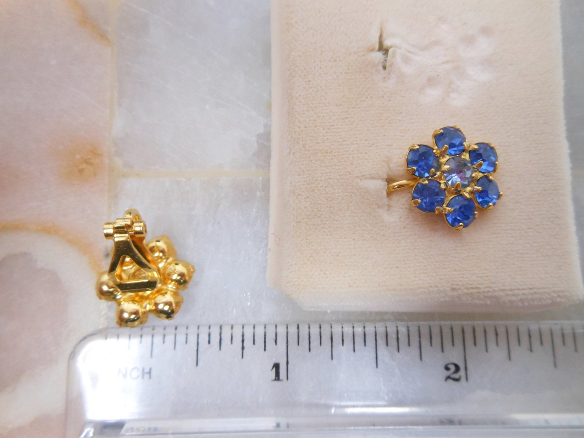 Vintage B DAVID Designer Blue Rhinestone Flower Earrings Clip On Forget Me Not Designer IOB Jewelry Mid Century Gift, VivianJoel.com
