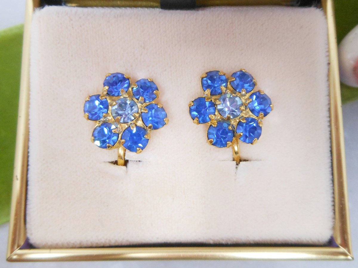 Vintage B DAVID Designer Blue Rhinestone Flower Earrings Clip On Forget Me Not Designer IOB Jewelry Mid Century Gift, VivianJoel.com
