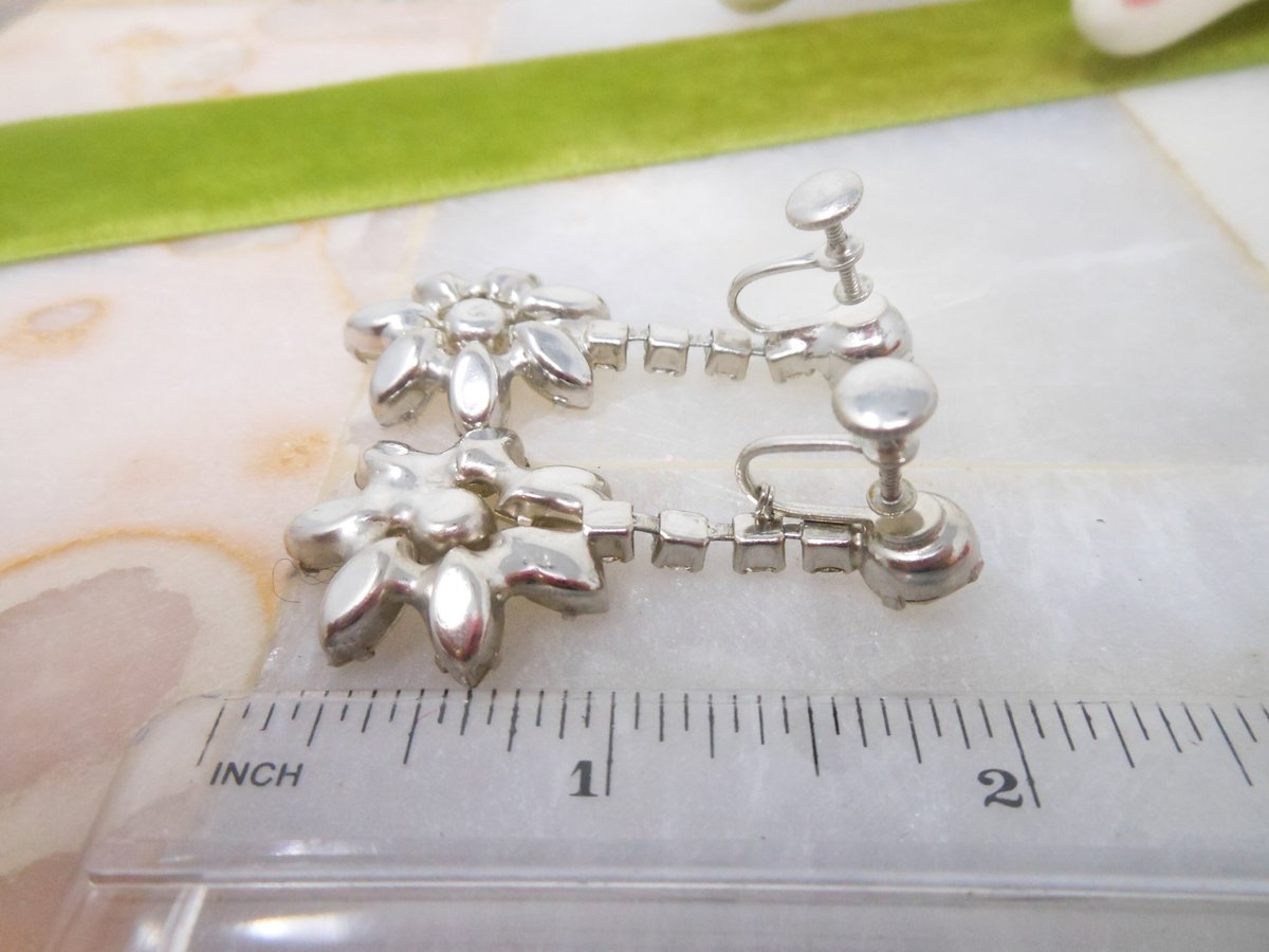 Vintage Rhinestone Earrings Flower Dangle Drop Chandelier Screw Back Hollywood Glam Mid Century, VivianJoel.com