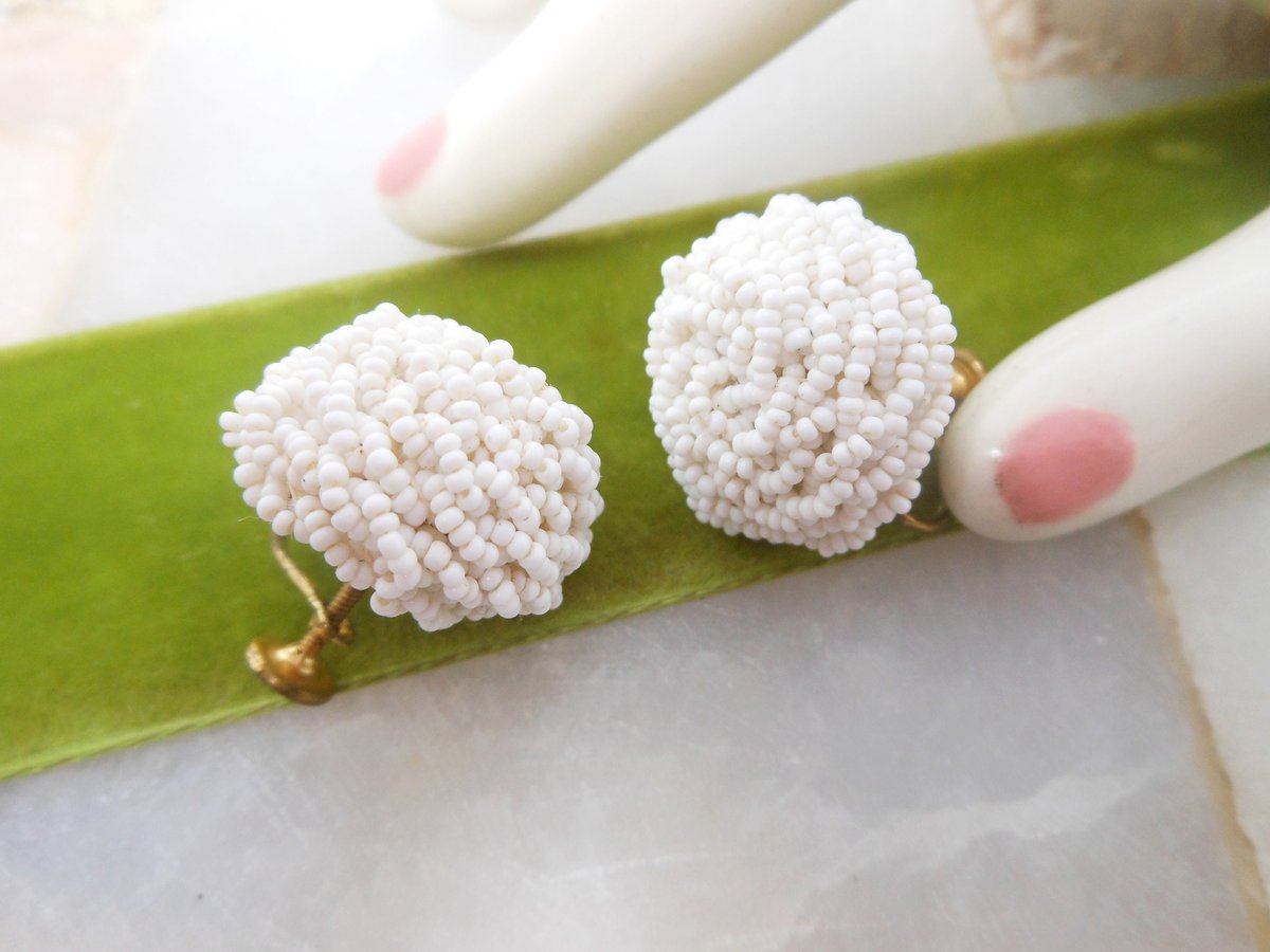 Vintage Snowball White Earrings Tiny Milk Glass Seed Bead Dome Cluster Flower Wedding Screw Back Mid Century, VivianJoel.com