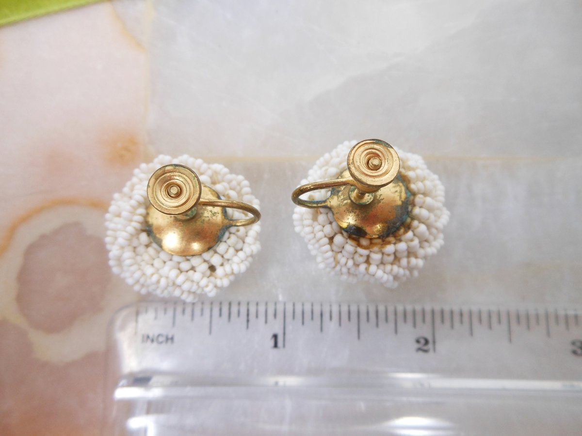 Vintage Snowball White Earrings Tiny Milk Glass Seed Bead Dome Cluster Flower Wedding Screw Back Mid Century, VivianJoel.com