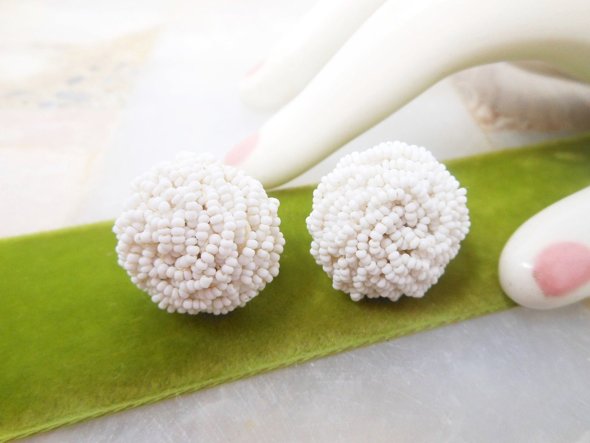 Vintage Snowball White Earrings Tiny Milk Glass Seed Bead Dome Cluster Flower Wedding Screw Back Mid Century, VivianJoel.com