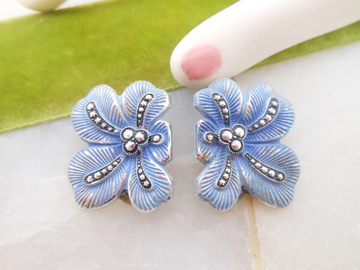 Vintage WEST GERMANY Earrings Clip On Aluminum Lightweight Enamel Faux Marcasite Mid Century Designer Something Blue, VivianJoel.com