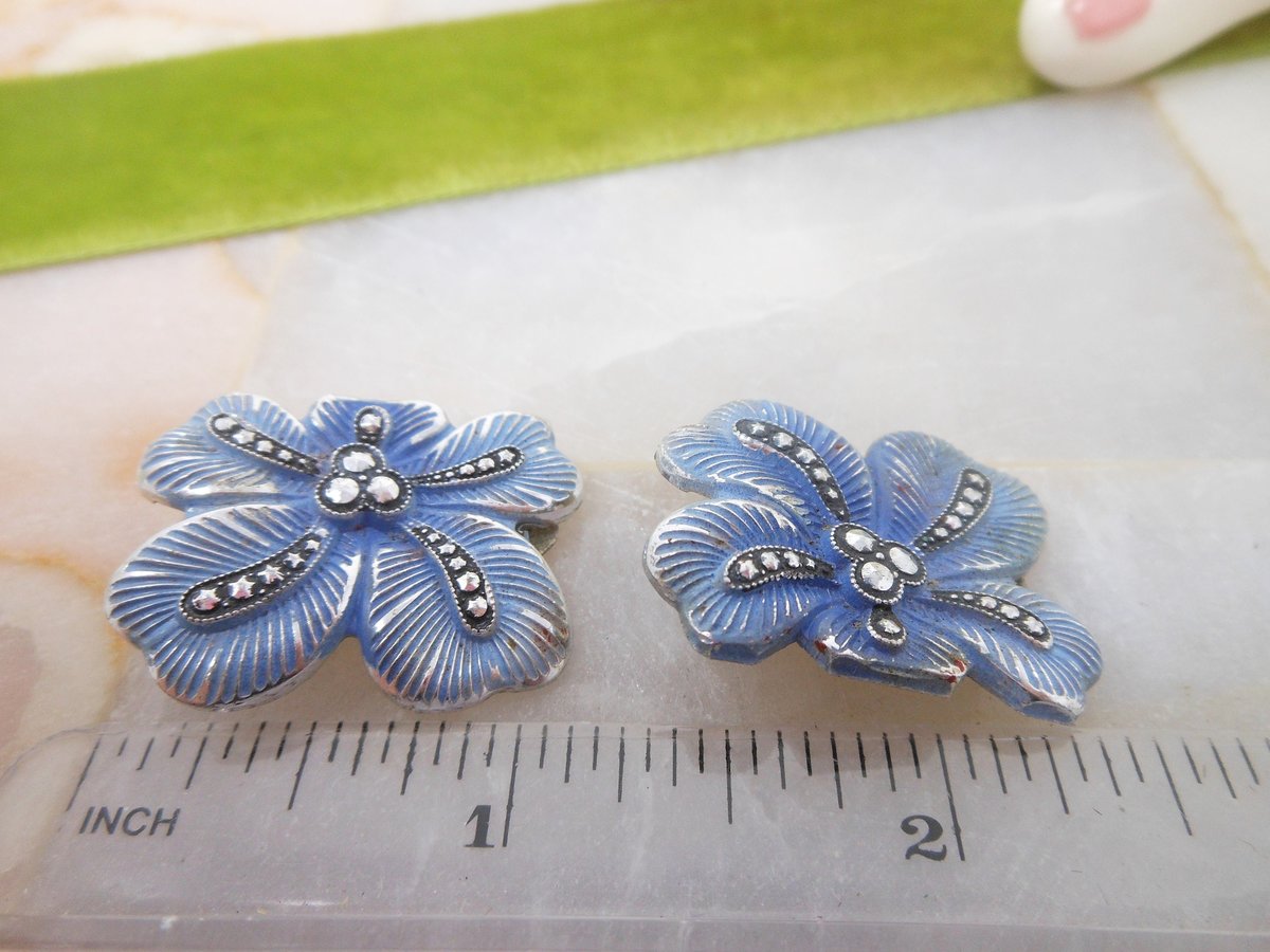 Vintage WEST GERMANY Earrings Clip On Aluminum Lightweight Enamel Faux Marcasite Mid Century Designer Something Blue, VivianJoel.com