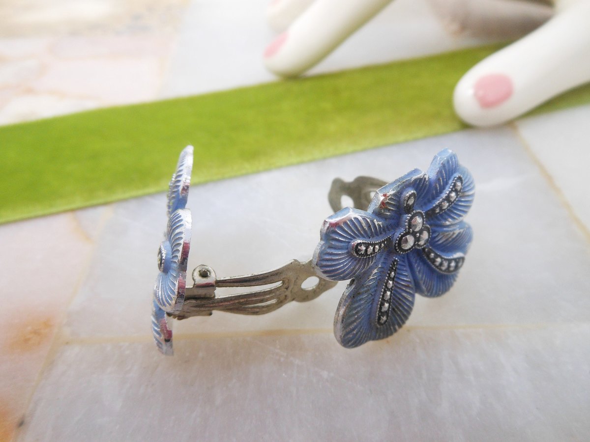 Vintage WEST GERMANY Earrings Clip On Aluminum Lightweight Enamel Faux Marcasite Mid Century Designer Something Blue, VivianJoel.com