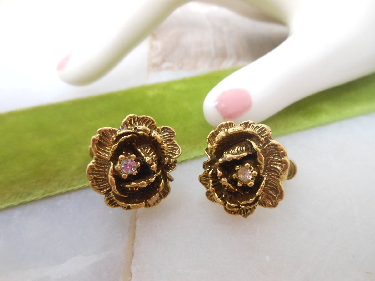 Vintage GOLDETTE Earrings Rose Flower Rhinestone Ornate Victorian Revival Clip On Designer Jewelry Mid Century Gift, VivianJoel.com