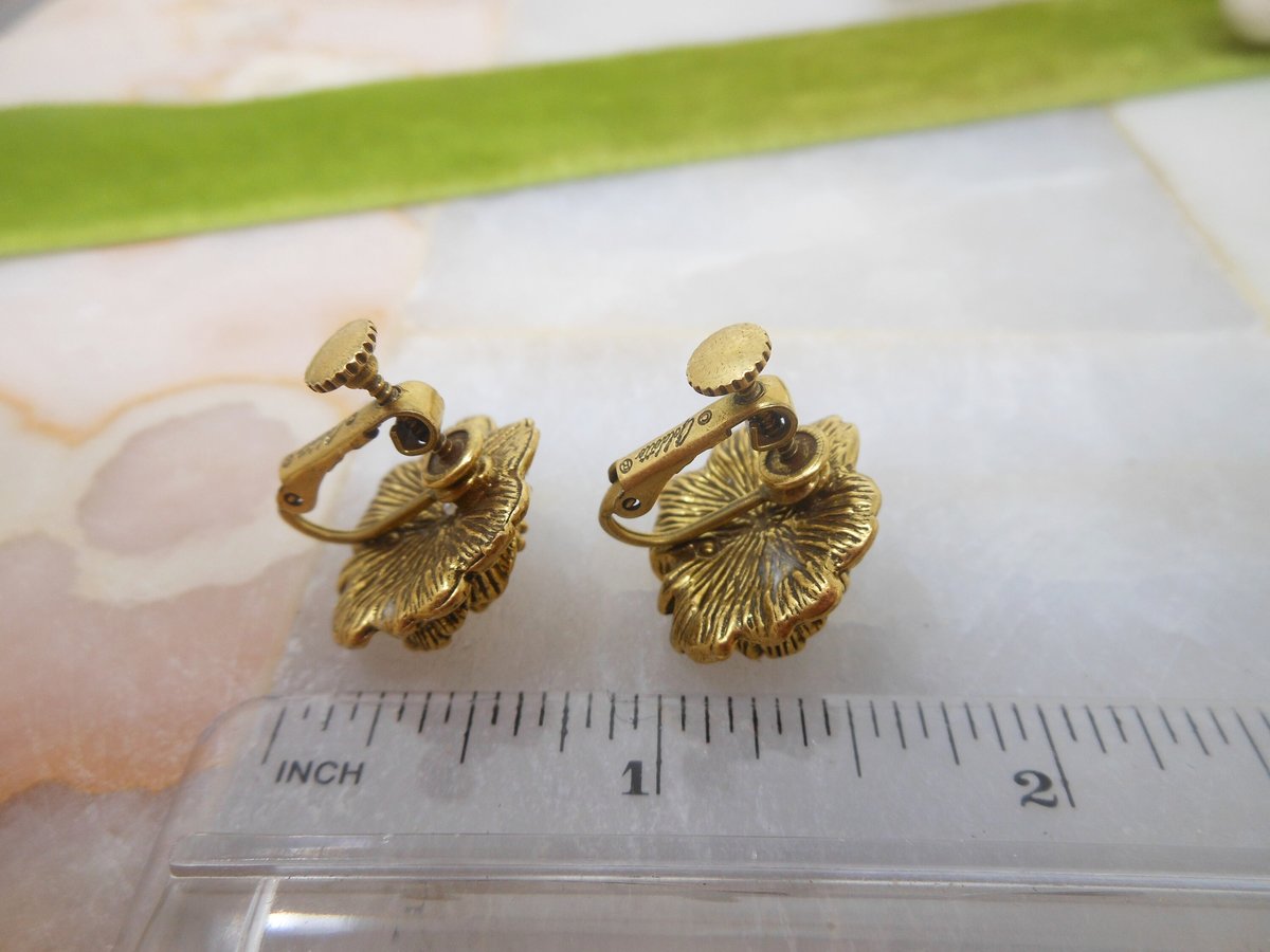 Vintage GOLDETTE Earrings Rose Flower Rhinestone Ornate Victorian Revival Clip On Designer Jewelry Mid Century Gift, VivianJoel.com
