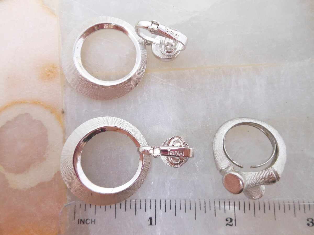 Vintage TRIFARI Earrings Dangle Drop MOD Bamboo Ring Brushed Silver Tone LOT Mid Century Designer Jewelry Gift, VivianJoel.com