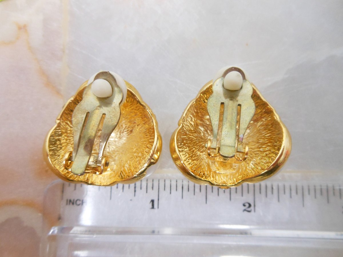 Vintage Pearl Rhinestone Jumbo Earrings Chunky Mogul Gold Tone Plate Mid Century Jewelry Gift, VivianJoel.com