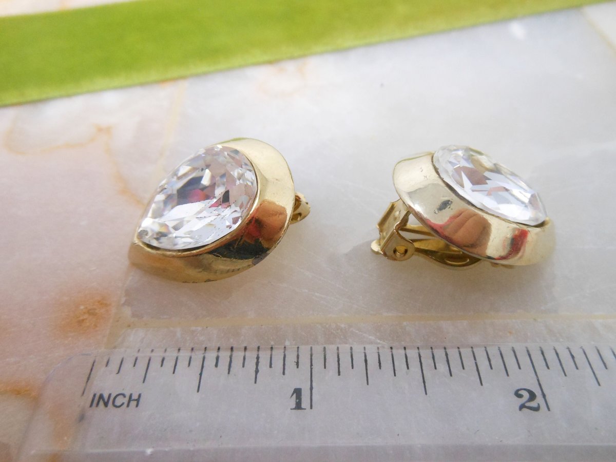 Vintage KJL Crystal Headlight KENNETH Jay LANE Clip On Earrings Runway Statement Teardrop Jewelry Gift, VivianJoel.com