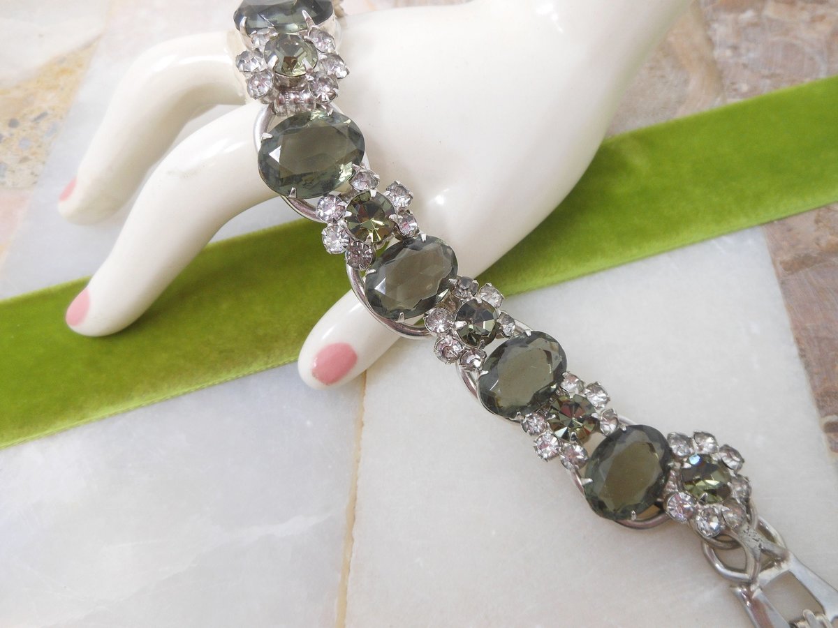 Vintage JULIANA Bracelet Rhinestone Crystal Smoky Gray Green Crystal Mid Century Designer Jewelry Mid Century,  VivianJoel.com