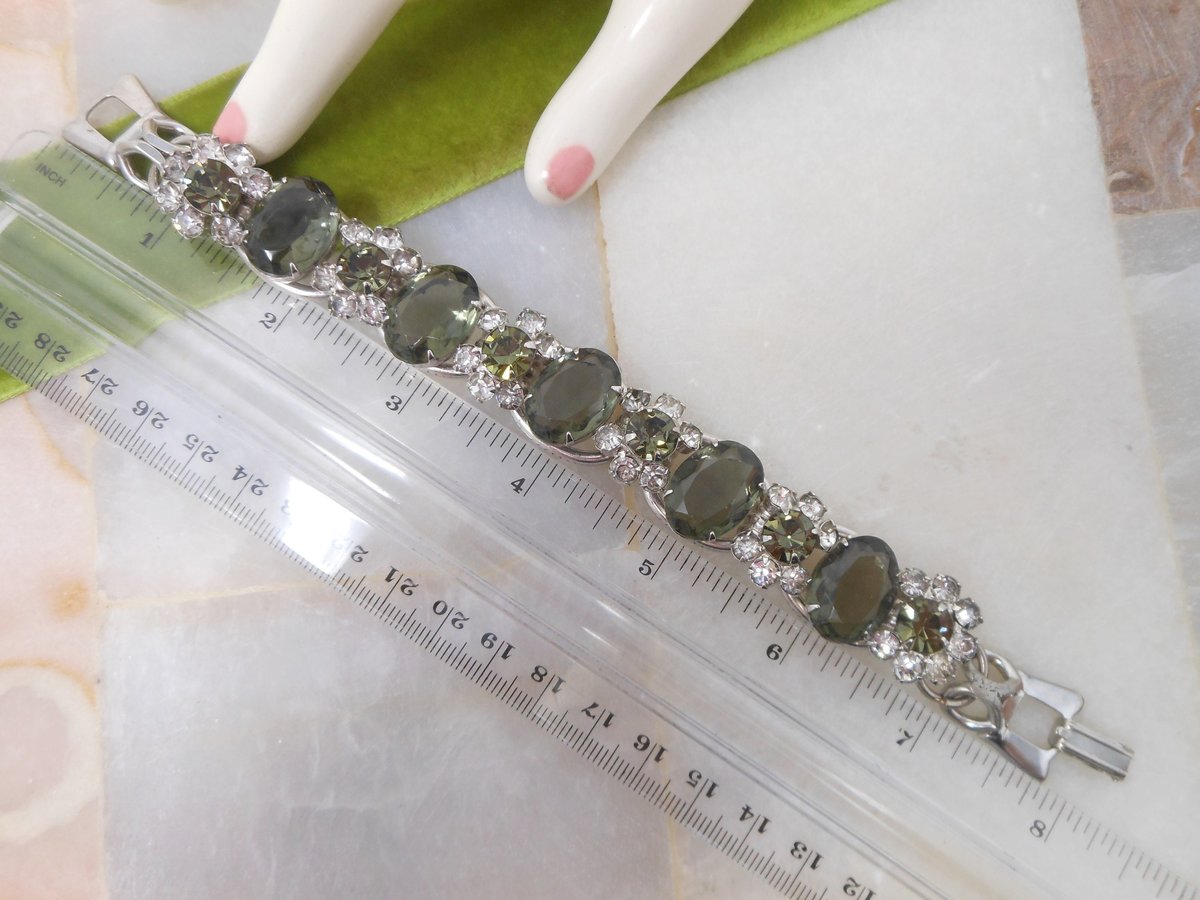 Vintage JULIANA Bracelet Rhinestone Crystal Smoky Gray Green Crystal Mid Century Designer Jewelry Mid Century,  VivianJoel.com