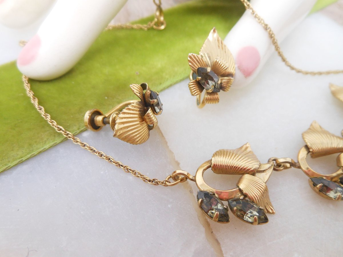 Vintage CURTIS CREATIONS Necklace Earrings Set Rhinestone Crystal Gold Fill GF Demi Parure Designer Mid Century Jewelry, VivianJoel.com