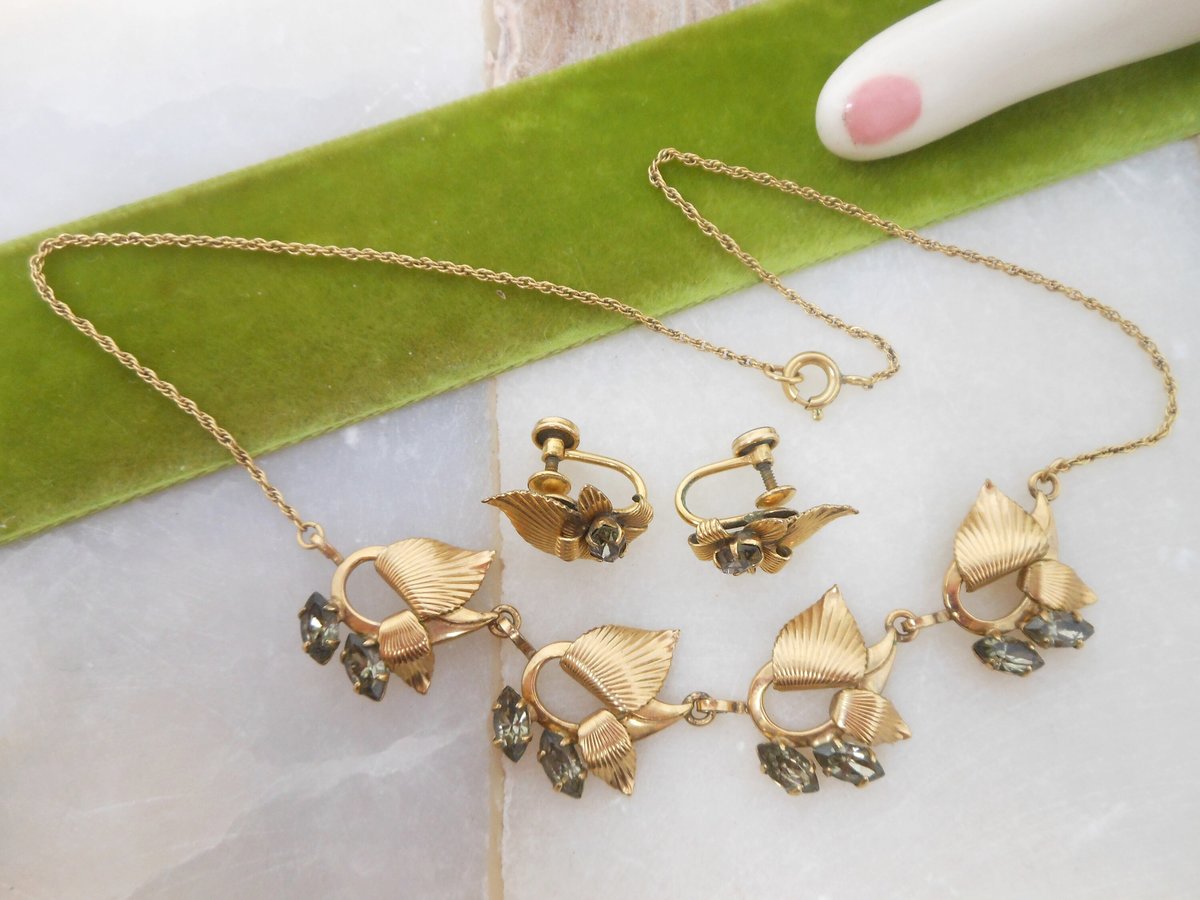Vintage CURTIS CREATIONS Necklace Earrings Set Rhinestone Crystal Gold Fill GF Demi Parure Designer Mid Century Jewelry, VivianJoel.com