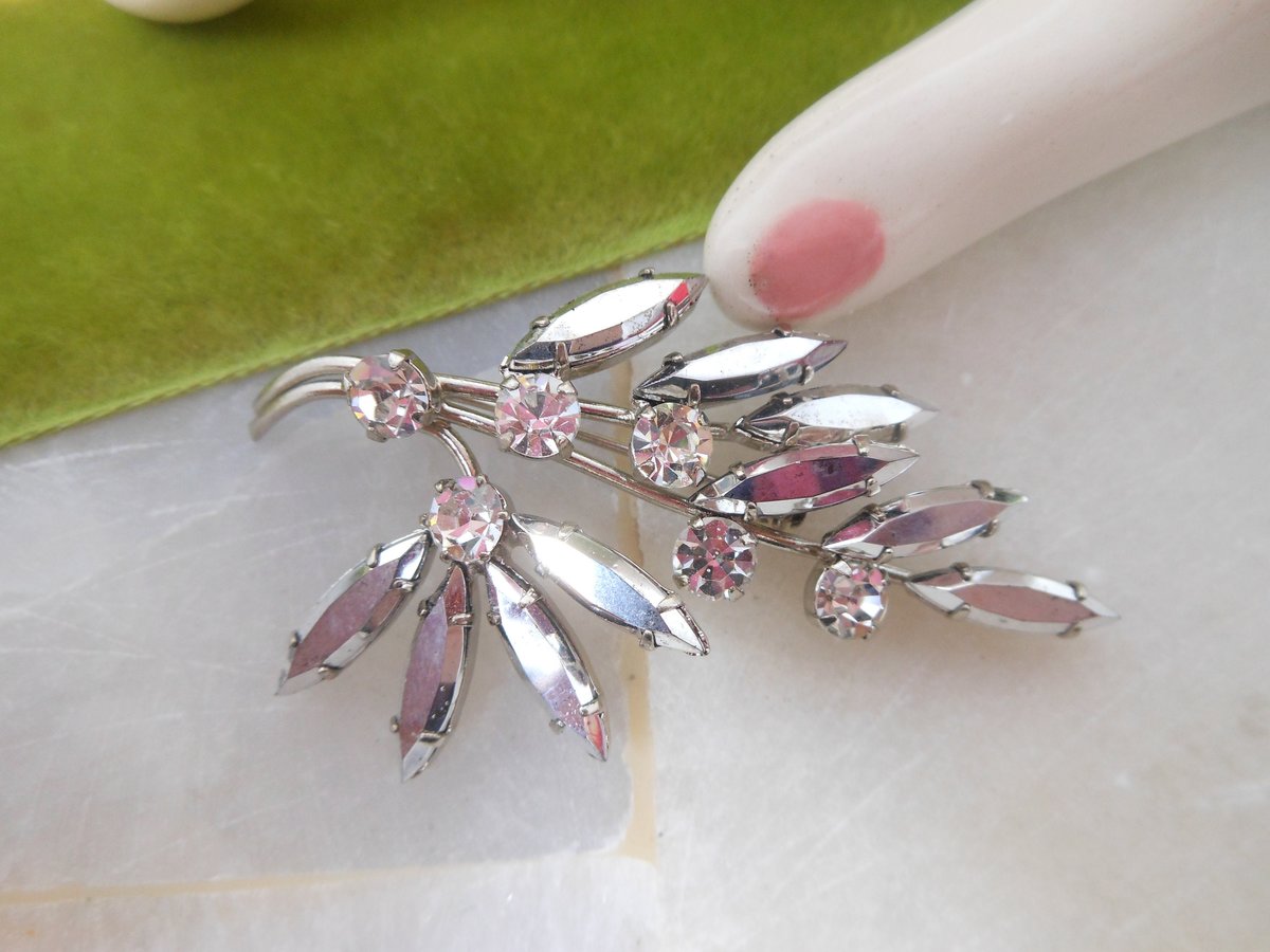 Vintage AUSTRIA Pin Rhinestone Crystal Brooch Flower Hematite Branch Mid Century Jewelry Gift, VivianJoel.com