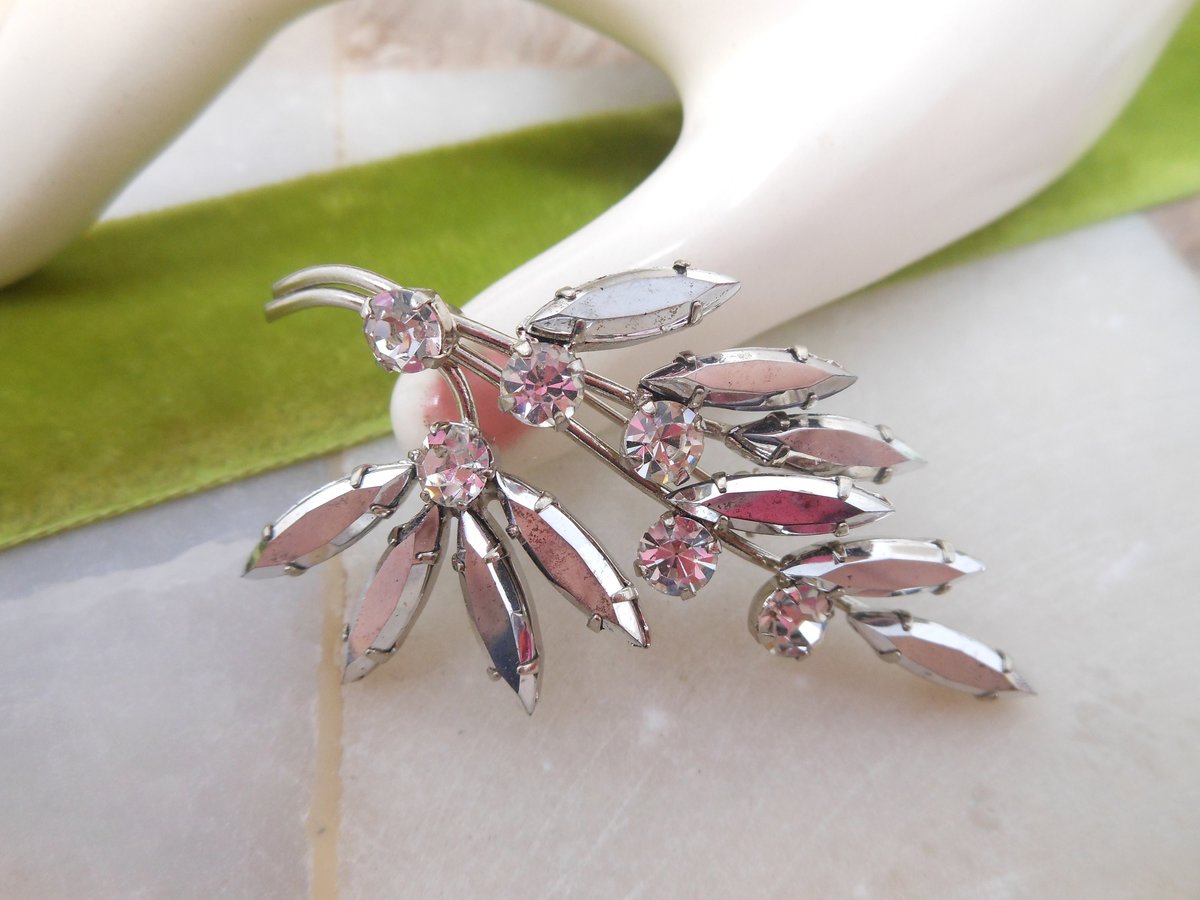 Vintage AUSTRIA Pin Rhinestone Crystal Brooch Flower Hematite Branch Mid Century Jewelry Gift, VivianJoel.com