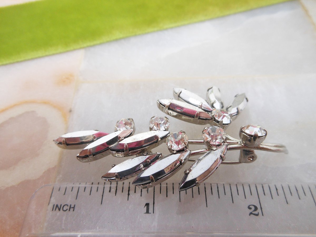 Vintage AUSTRIA Pin Rhinestone Crystal Brooch Flower Hematite Branch Mid Century Jewelry Gift, VivianJoel.com