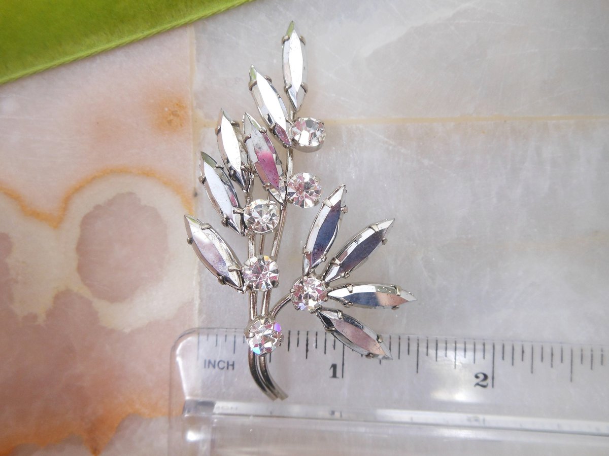 Vintage AUSTRIA Pin Rhinestone Crystal Brooch Flower Hematite Branch Mid Century Jewelry Gift, VivianJoel.com