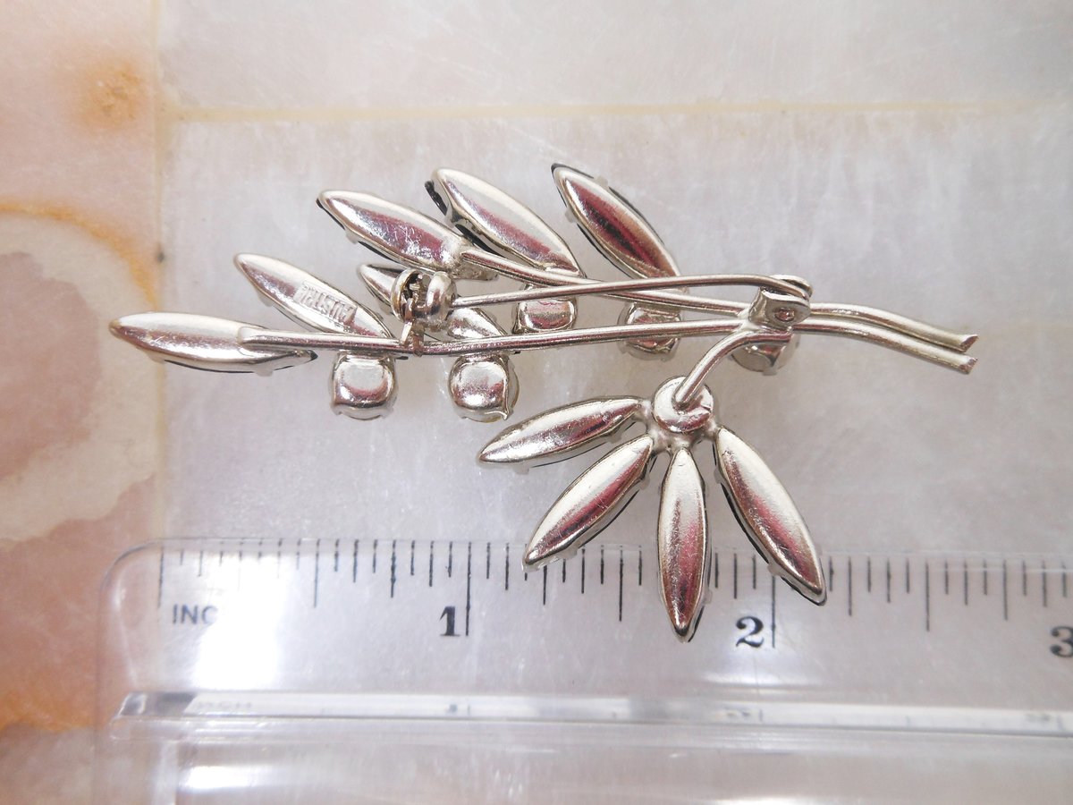 Vintage AUSTRIA Pin Rhinestone Crystal Brooch Flower Hematite Branch Mid Century Jewelry Gift, VivianJoel.com