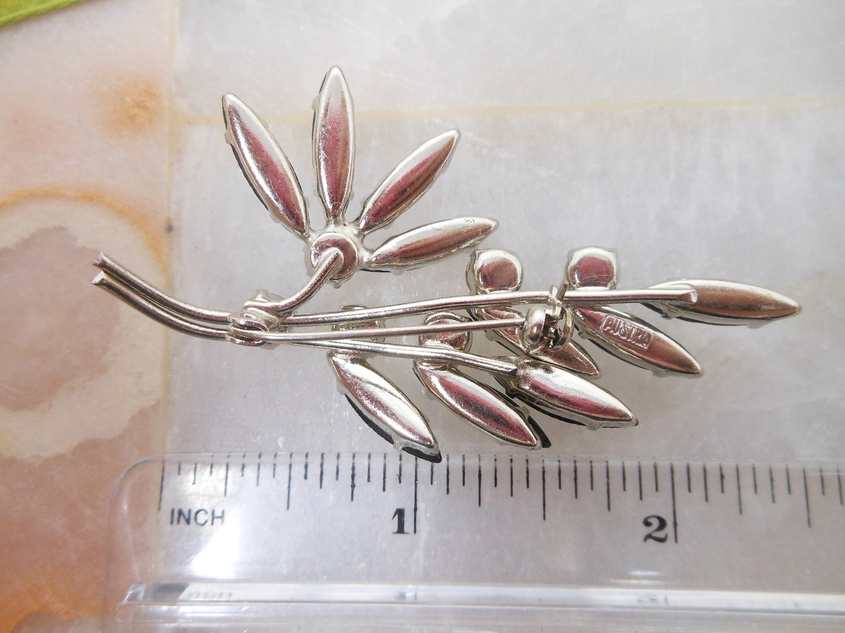 Vintage AUSTRIA Pin Rhinestone Crystal Brooch Flower Hematite Branch Mid Century Jewelry Gift, VivianJoel.com