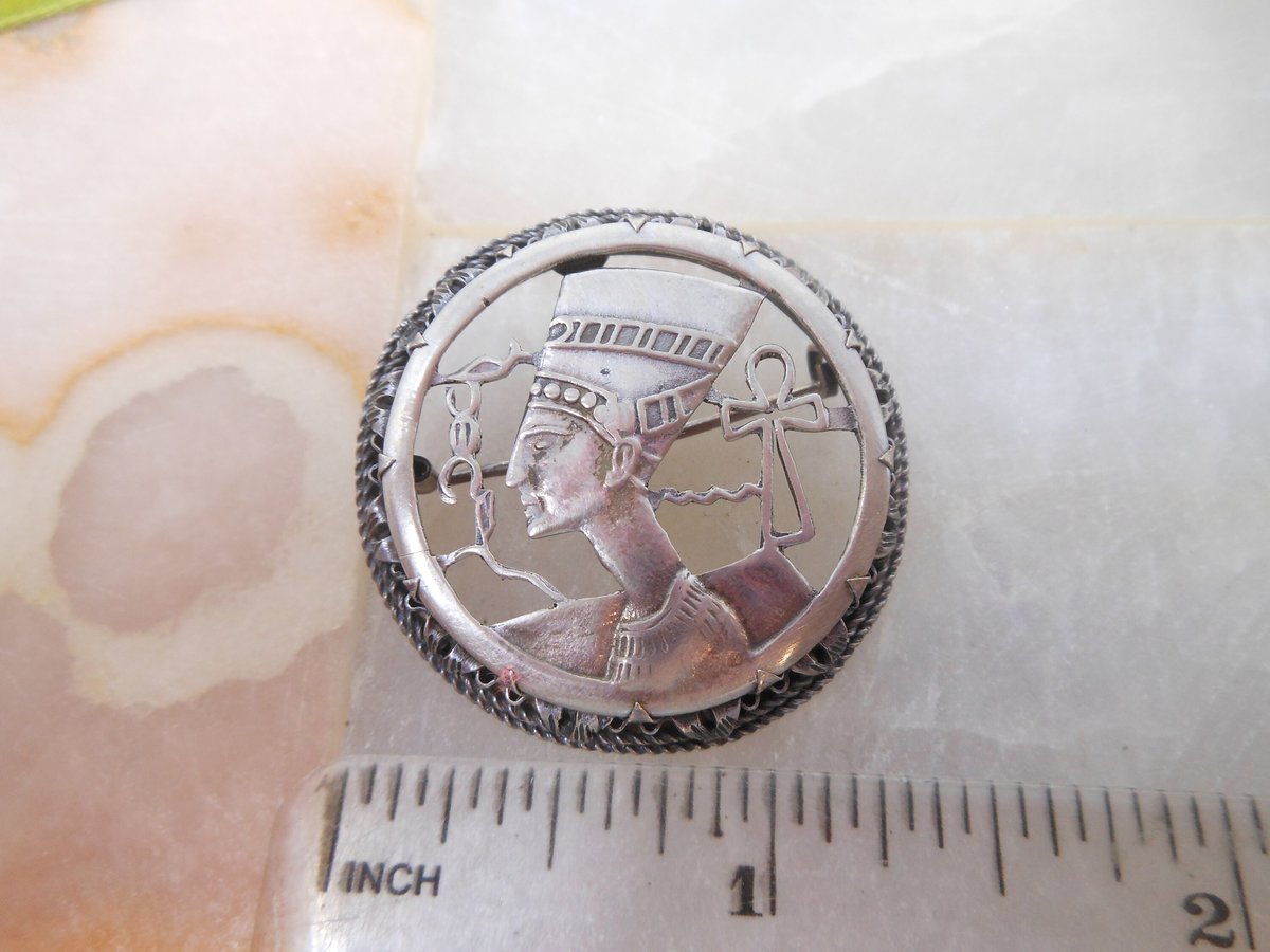 Vintage STERLING SILVER Nefertiti Brooch Pendant Egyptian Revival Pin Mid Century Ankh Jewelry Gift, VivianJoel.com