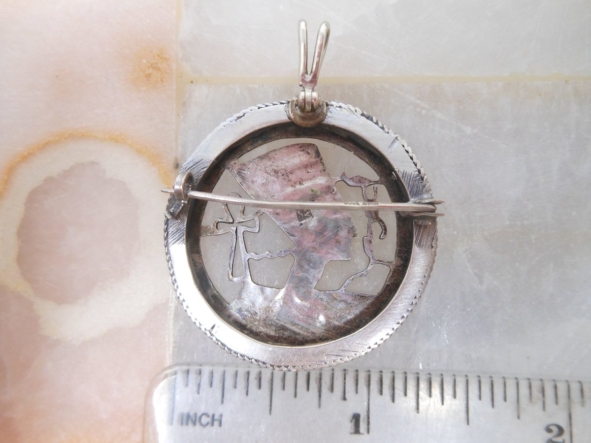 Vintage STERLING SILVER Nefertiti Brooch Pendant Egyptian Revival Pin Mid Century Ankh Jewelry Gift, VivianJoel.com